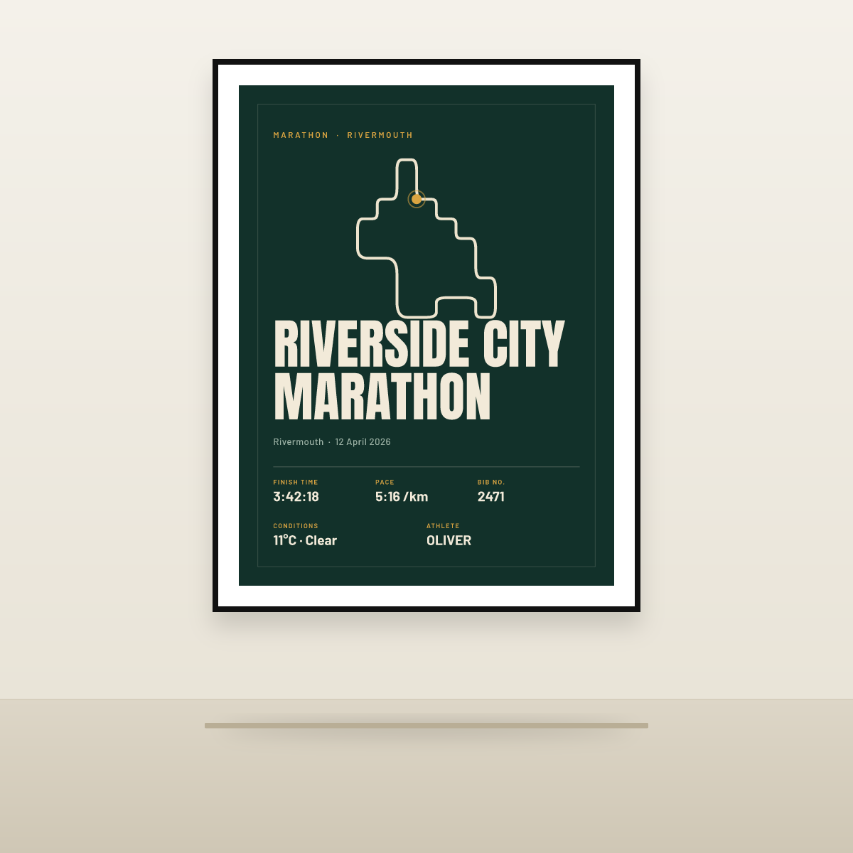 Riverside City Marathon poster, framed and displayed on a wall