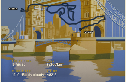 London Marathon poster, close-up of the personalised stats and route