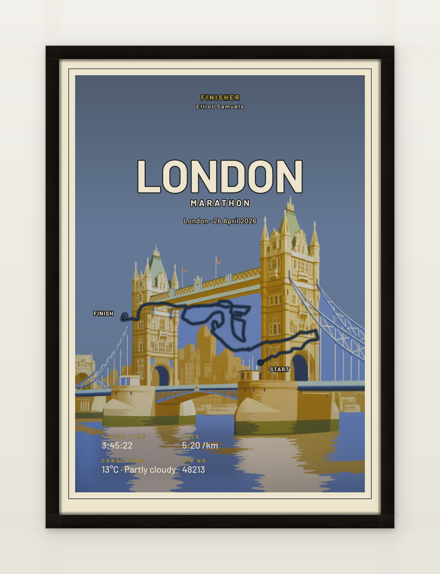 London Marathon poster, black-oak framed on a wall