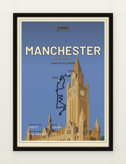 Manchester Marathon poster, black-oak framed on a wall