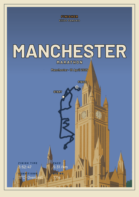 Personalised Manchester Marathon poster showing the race route past the Town Hall clock tower with the finisher’s name and time