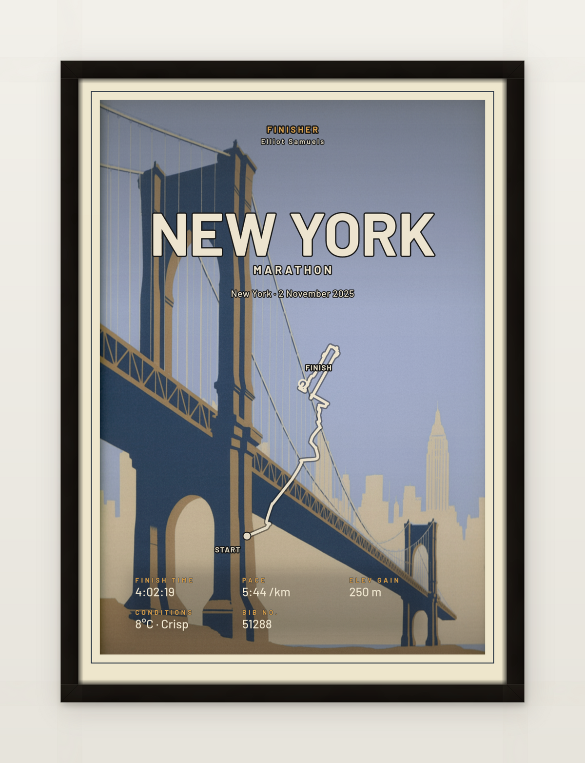 New York Marathon poster with cream route line, black-oak framed on a wall