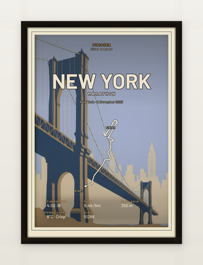 New York Marathon poster with cream route line, black-oak framed on a wall