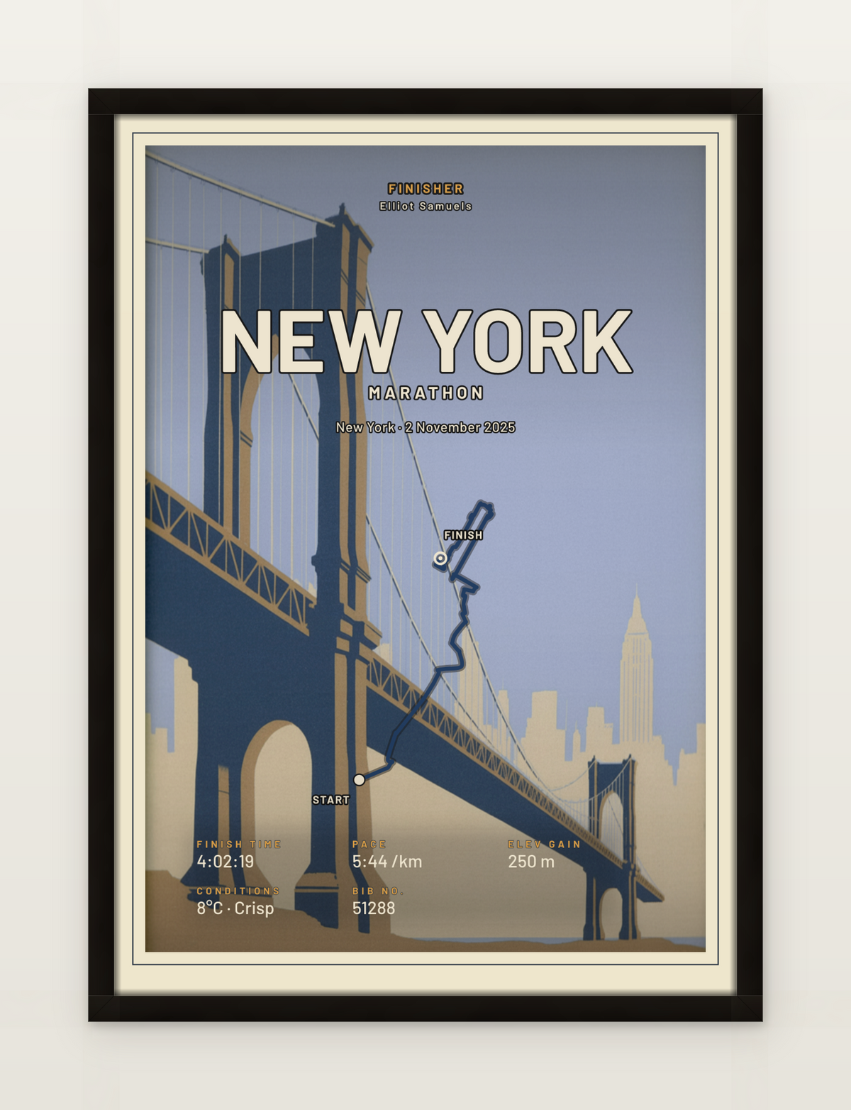 New York Marathon poster with navy route line, black-oak framed on a wall