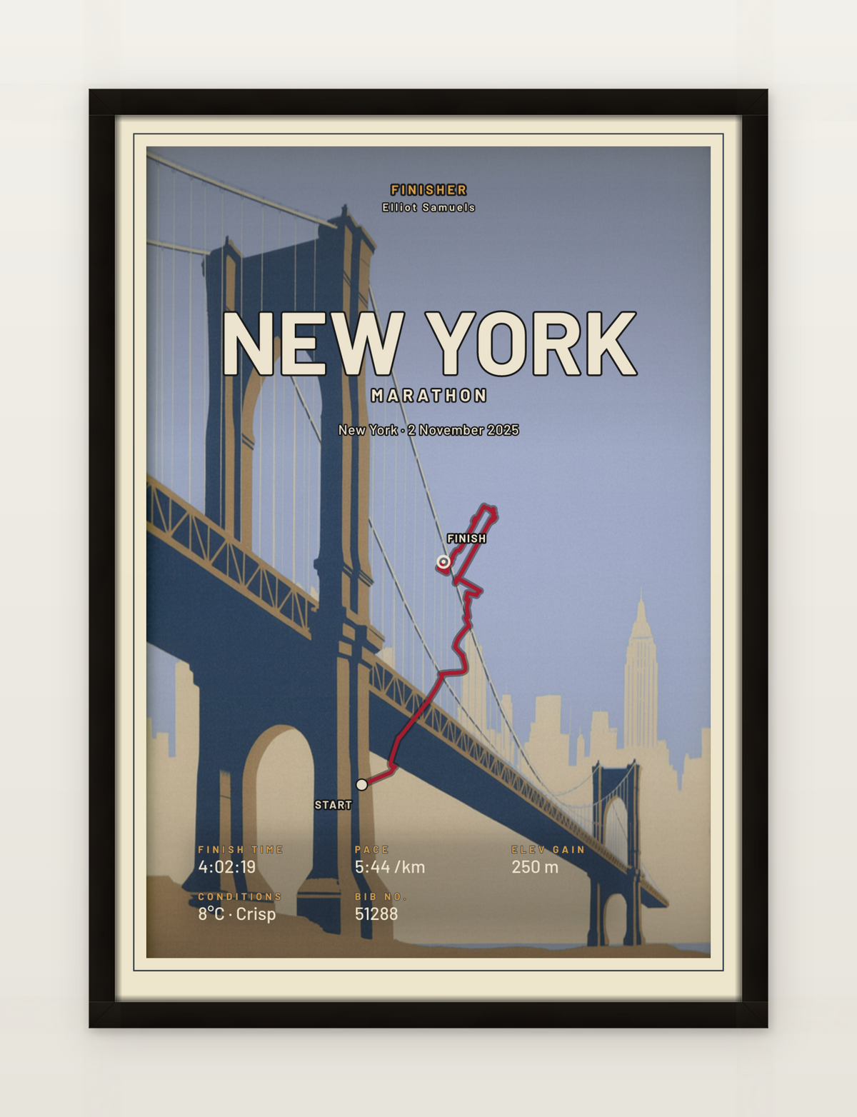 New York Marathon poster with red route line, black-oak framed on a wall