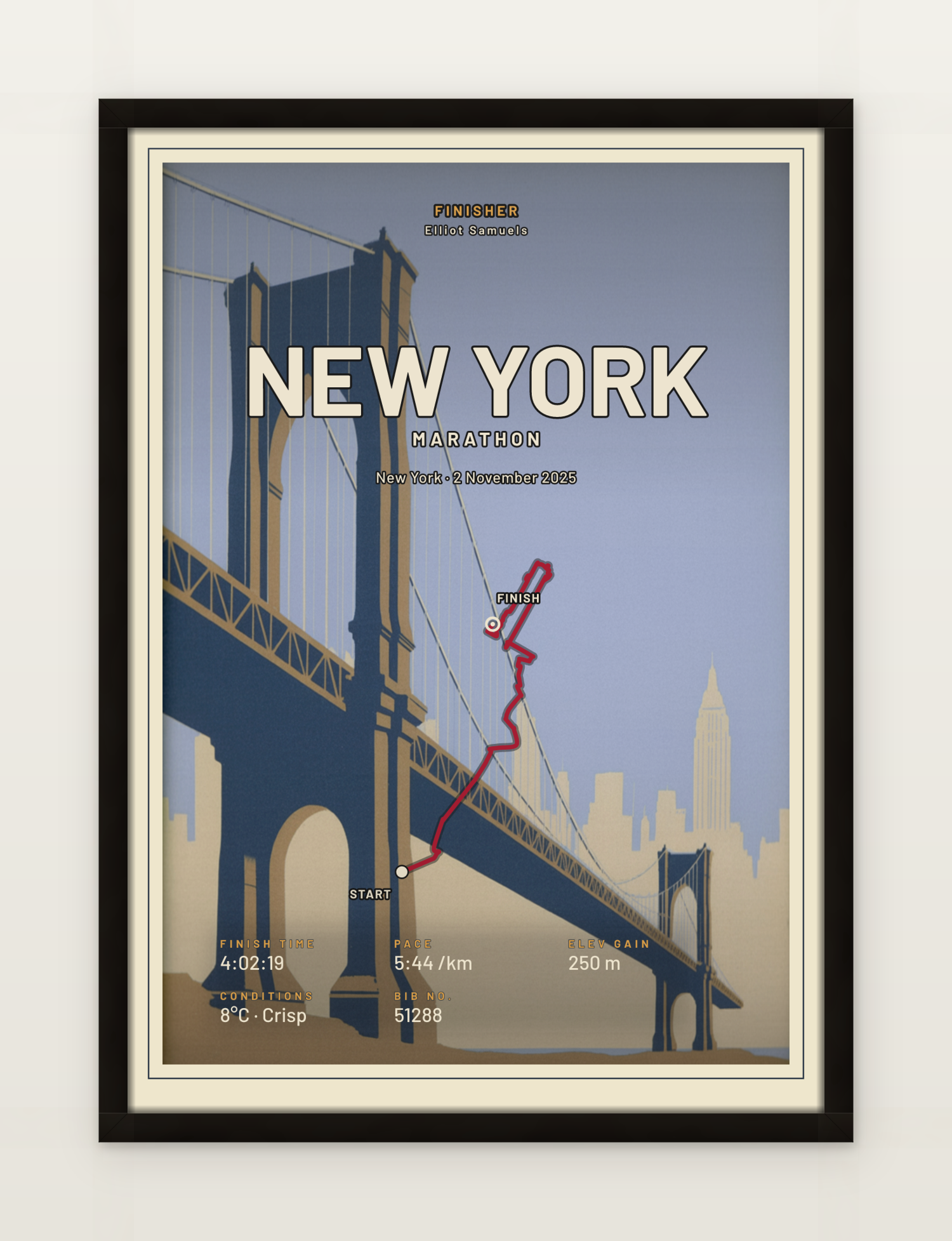 New York Marathon poster with red route line, black-oak framed on a wall
