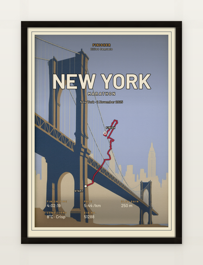 New York Marathon poster with red route line, black-oak framed on a wall