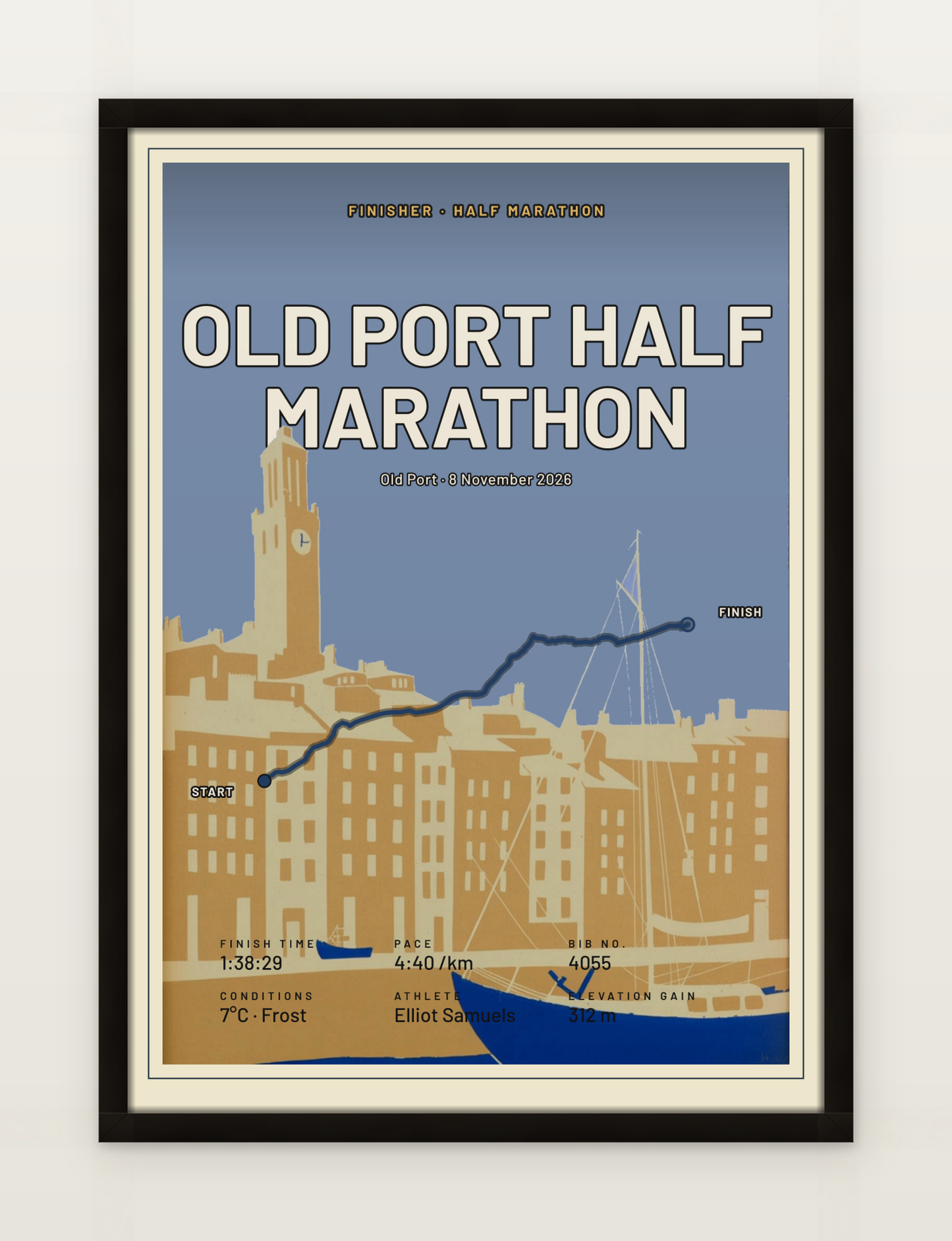 Old Port Half Marathon poster, framed on a wall