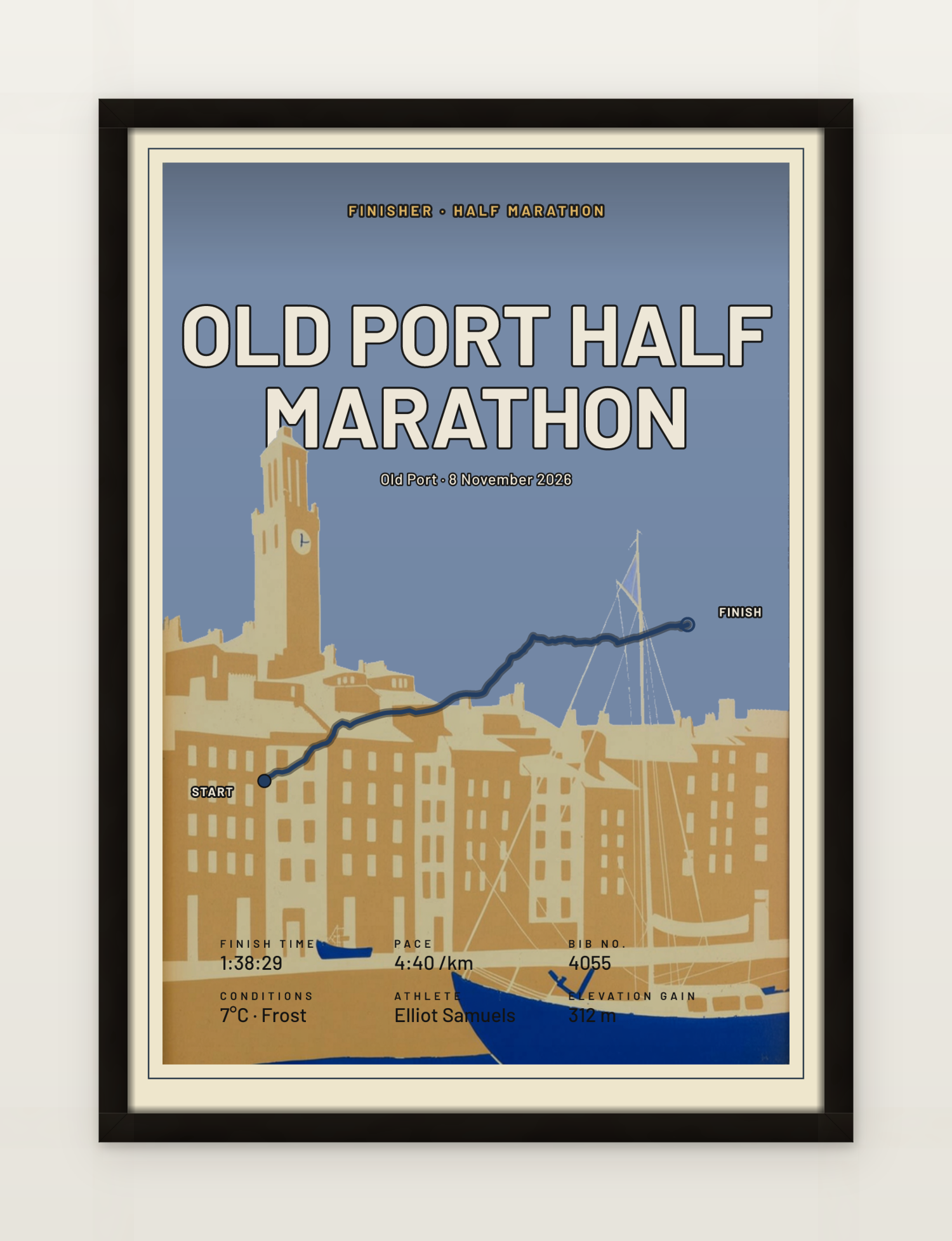 Old Port Half Marathon poster, framed on a wall