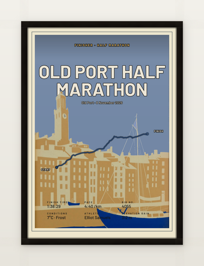 Old Port Half Marathon poster, framed on a wall