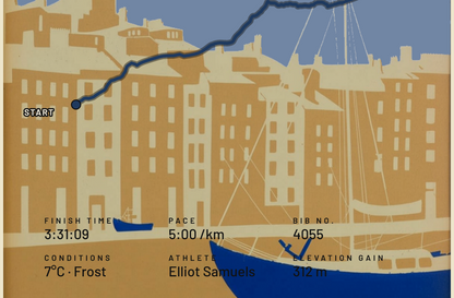 Old Port Marathon poster, close-up of the personalised stats and route