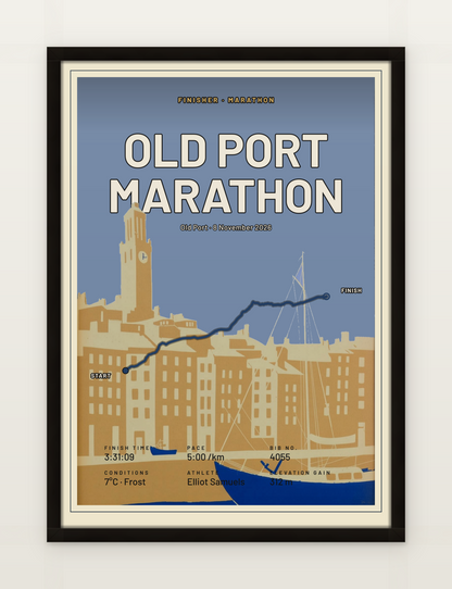 Old Port Marathon poster, framed on a wall