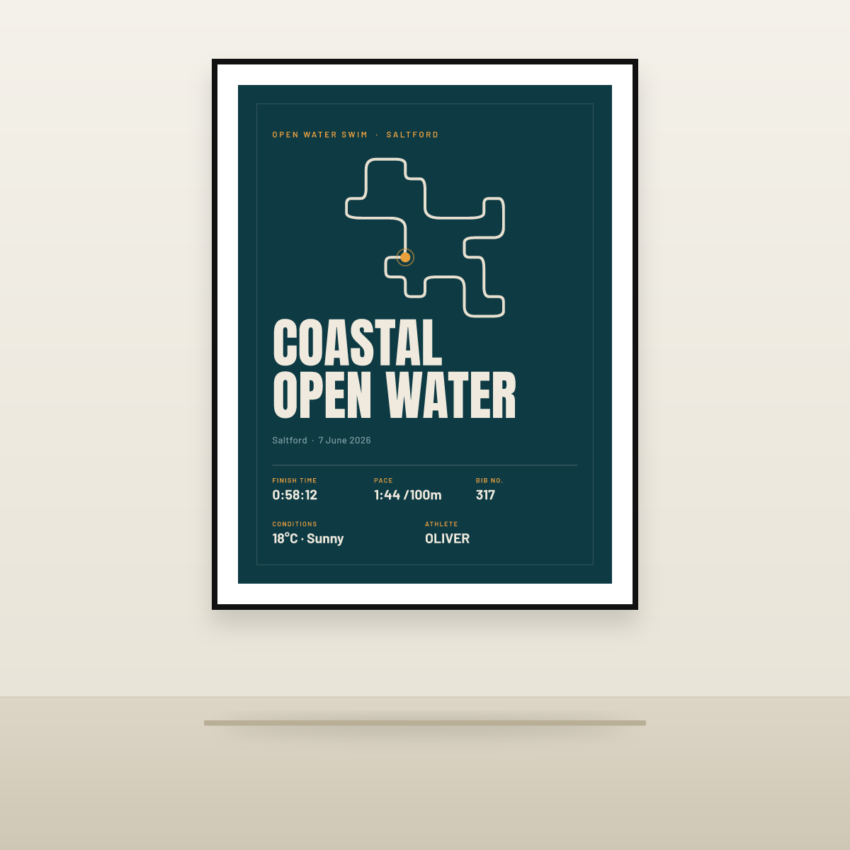 Coastal Open Water poster, framed and hung in a room [PLACEHOLDER scene]