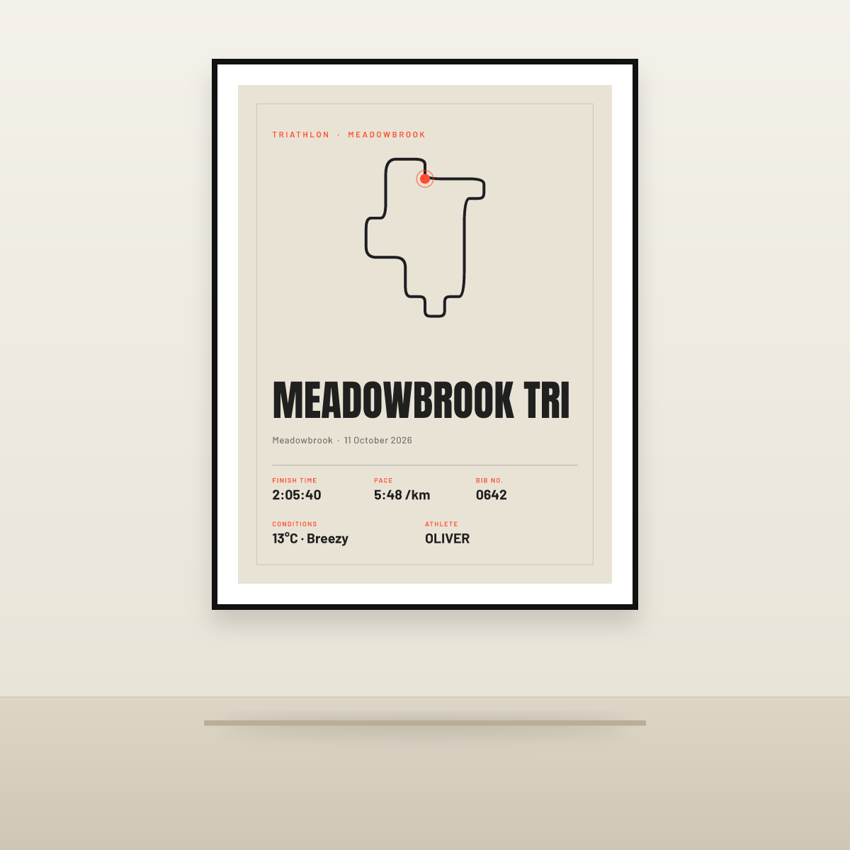 Meadowbrook Tri poster, framed and hung in a room [PLACEHOLDER scene]