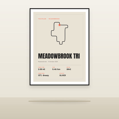 Meadowbrook Tri poster, framed and hung in a room [PLACEHOLDER scene]