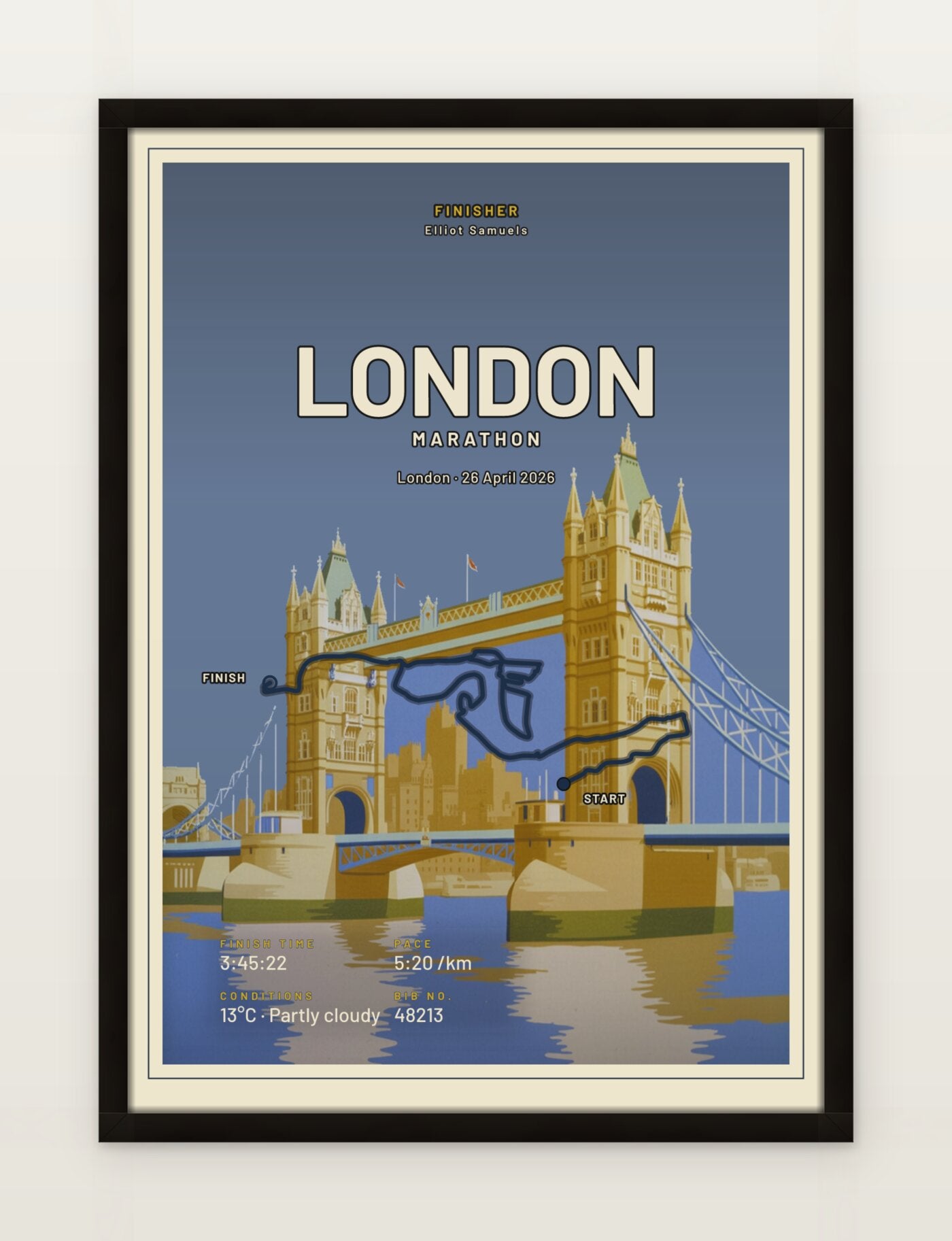 A framed, personalised Racetrace poster hanging on a wall